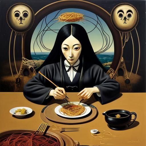 Surreal Gothic Girl Eating Spaghetti, Oil on Canvas