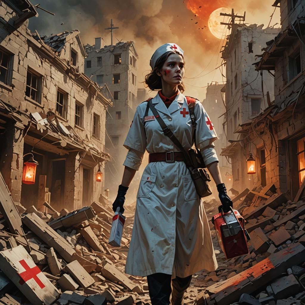 Red Cross Nurse in Dark Fantasy Landscape