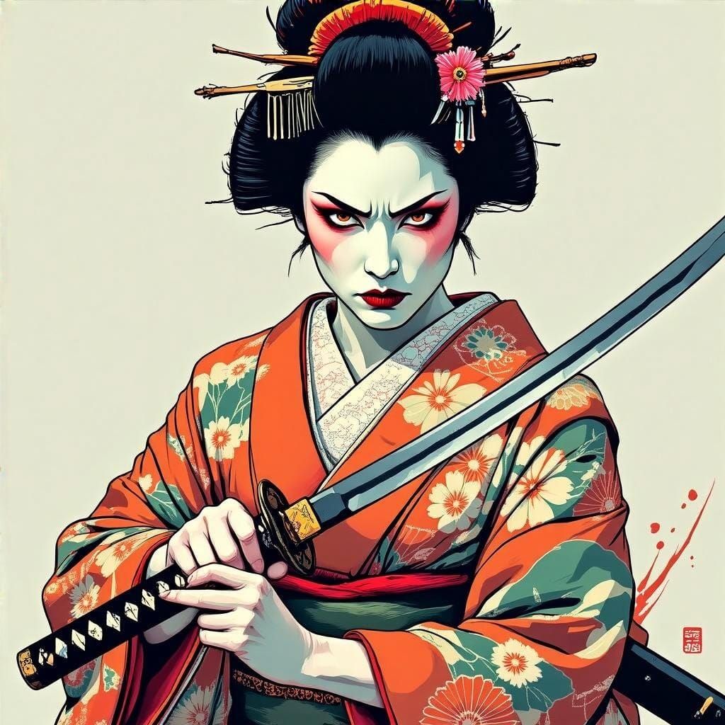Serene Geisha Unleashes Inner Fury in Dynamic Composition