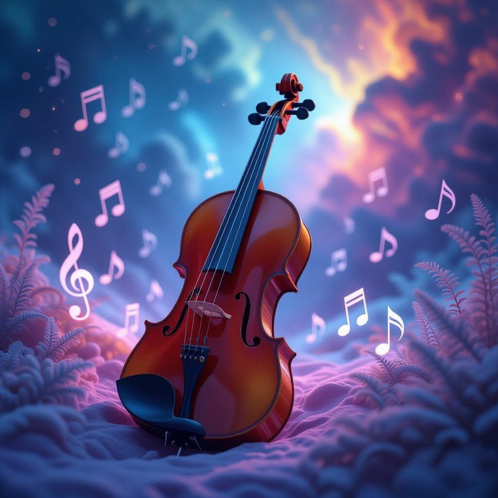 Astral Violin with Holographic Music Notes