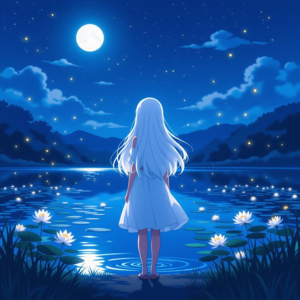 Moonlit Lake Anime Girl with White Hair