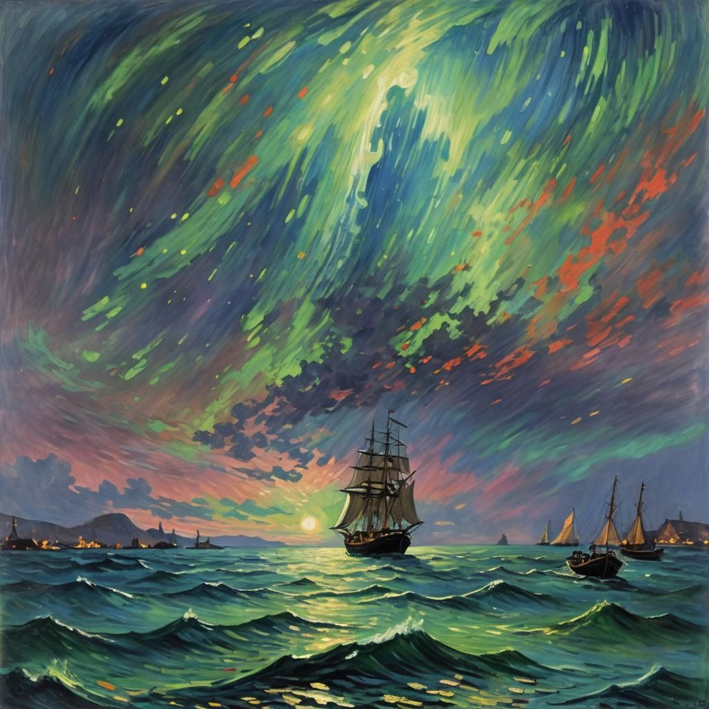 Aurora Borealis Over the Sea: Impressionistic Style
