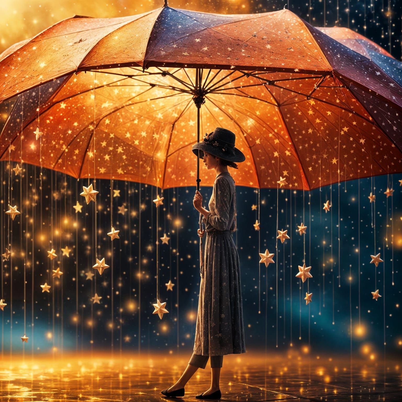 Stars Hanging from Umbrella in Surreal Night Sky