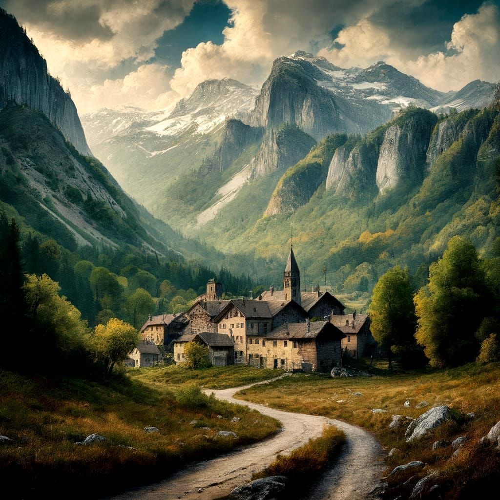 Epic Mountain Village in Beksinski Style Oil Painting