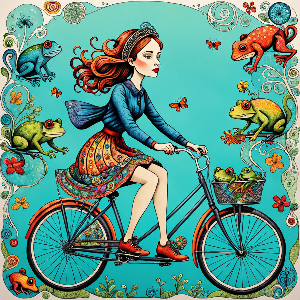 Art Surrealism. A woman and her dog riding a bicycle built f...