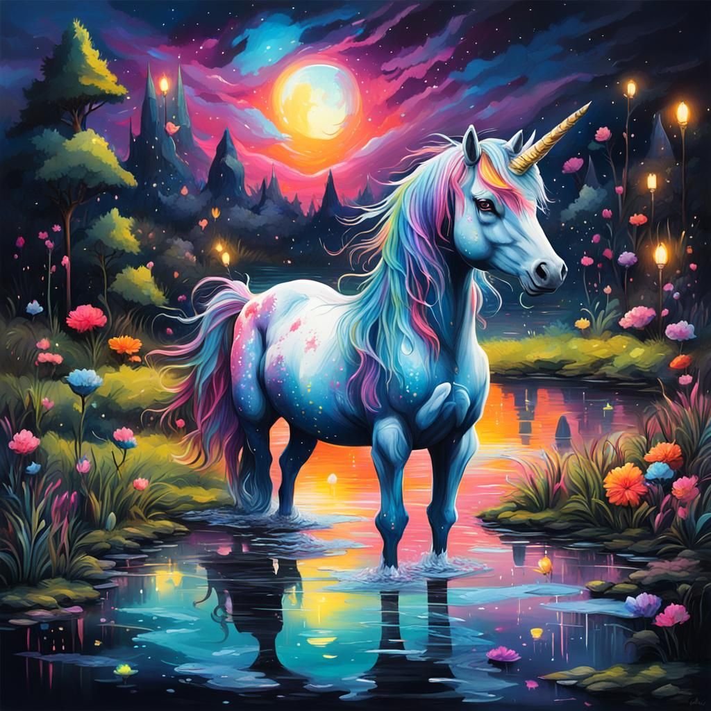 Magical Unicorn at Night in Graffiti Art Style