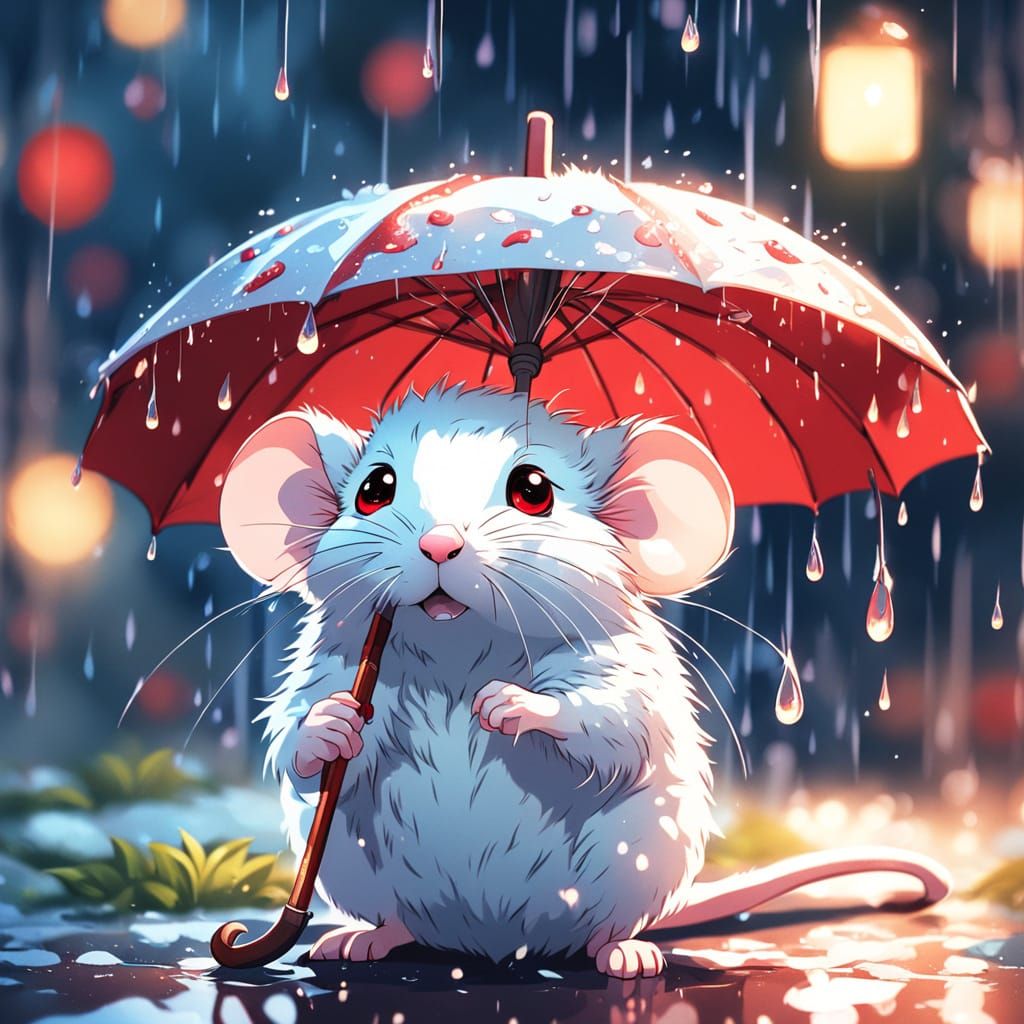 Mouse Under Umbrella in Anime Style