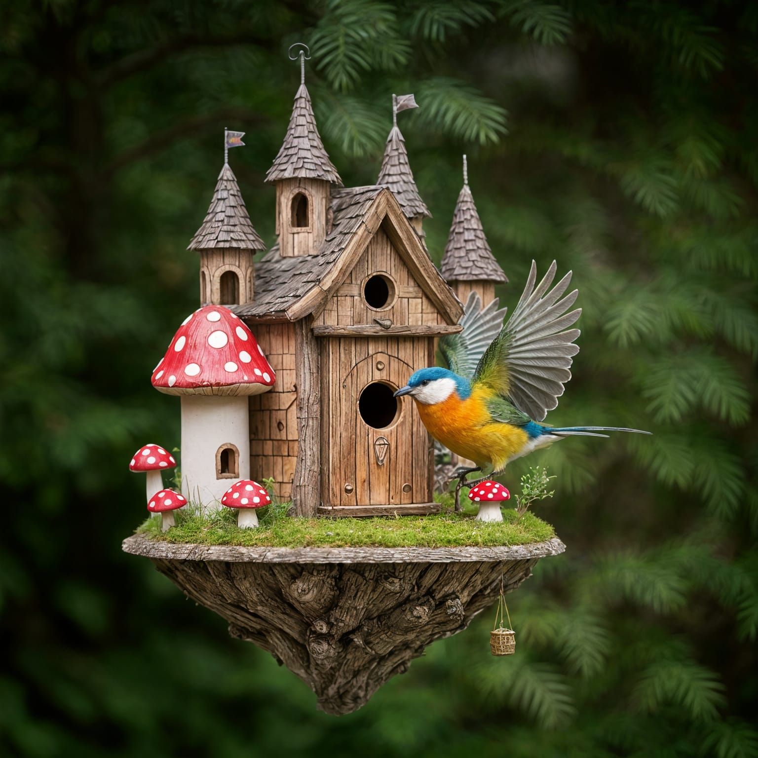 Elaborate Birdhouse Castle with Vivid Plumage