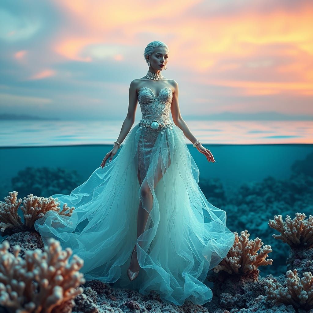 Ethereal Sea Goddess in Iridescent Gown and Oceanic Accents
