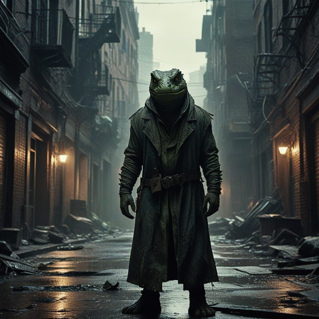 Cyberpunk Lizardman Stands Resolute in Ruined Cityscape