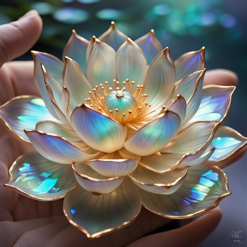 Iridescent Glass Lotus Flower with Golden Accents