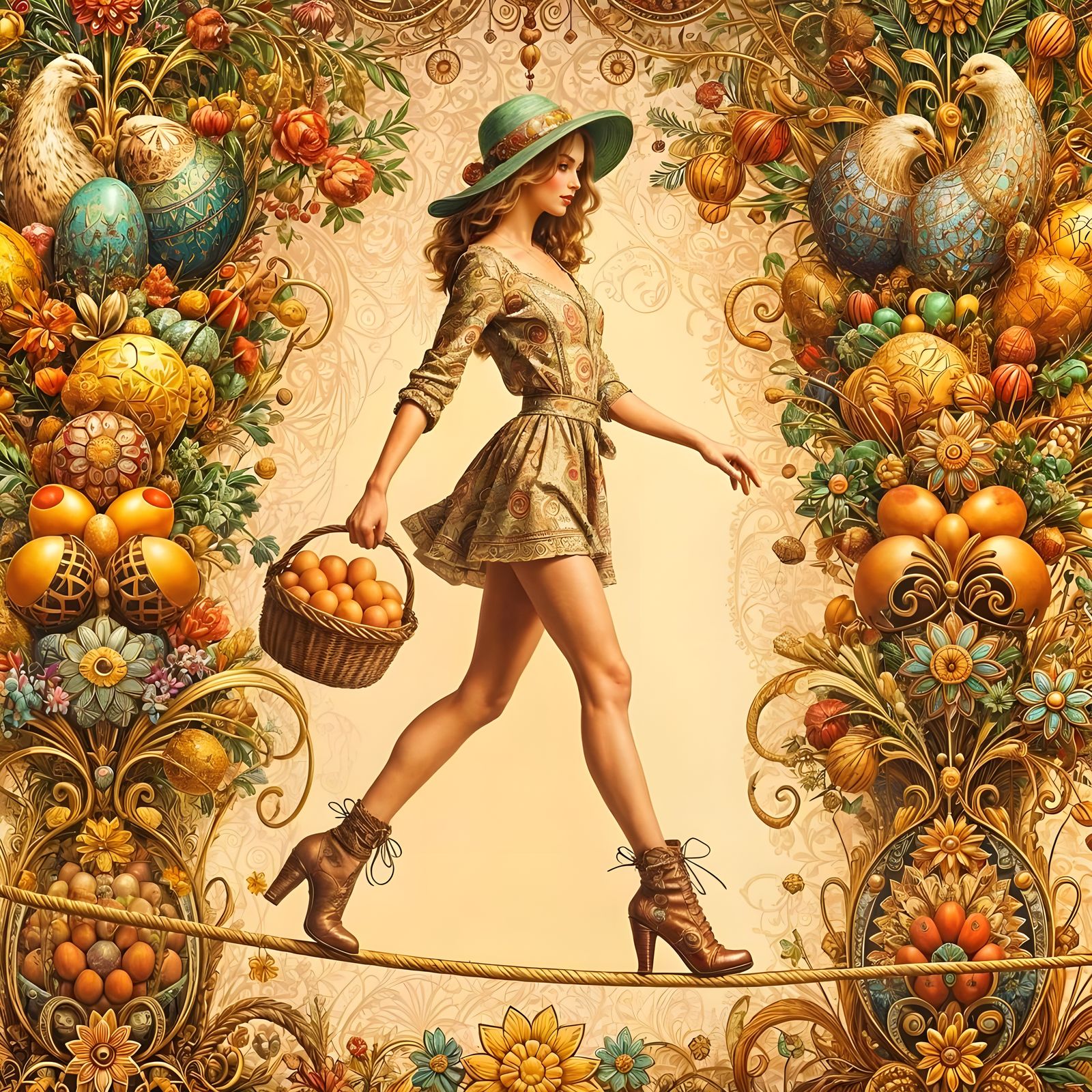 Woman Balancing on Tightrope with Golden Eggs in Folk Art St...
