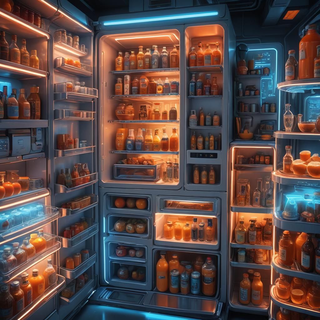 Futuristic Fridge in High-Tech Kitchen: Digital Matte Painti...