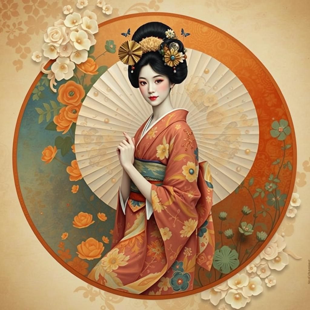 Smiling Geisha with Fan in Art Nouveau Style