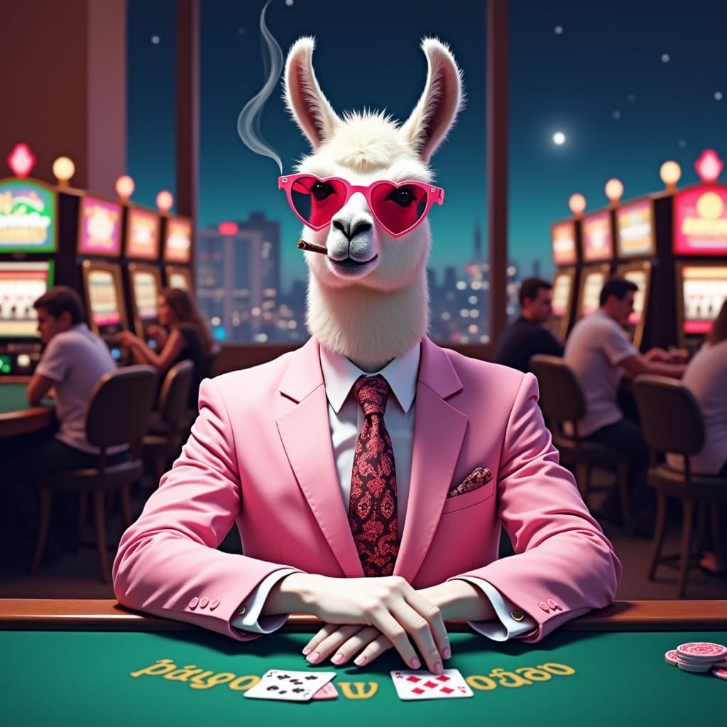 Llama Gambler in Casino, Noir Illustration
