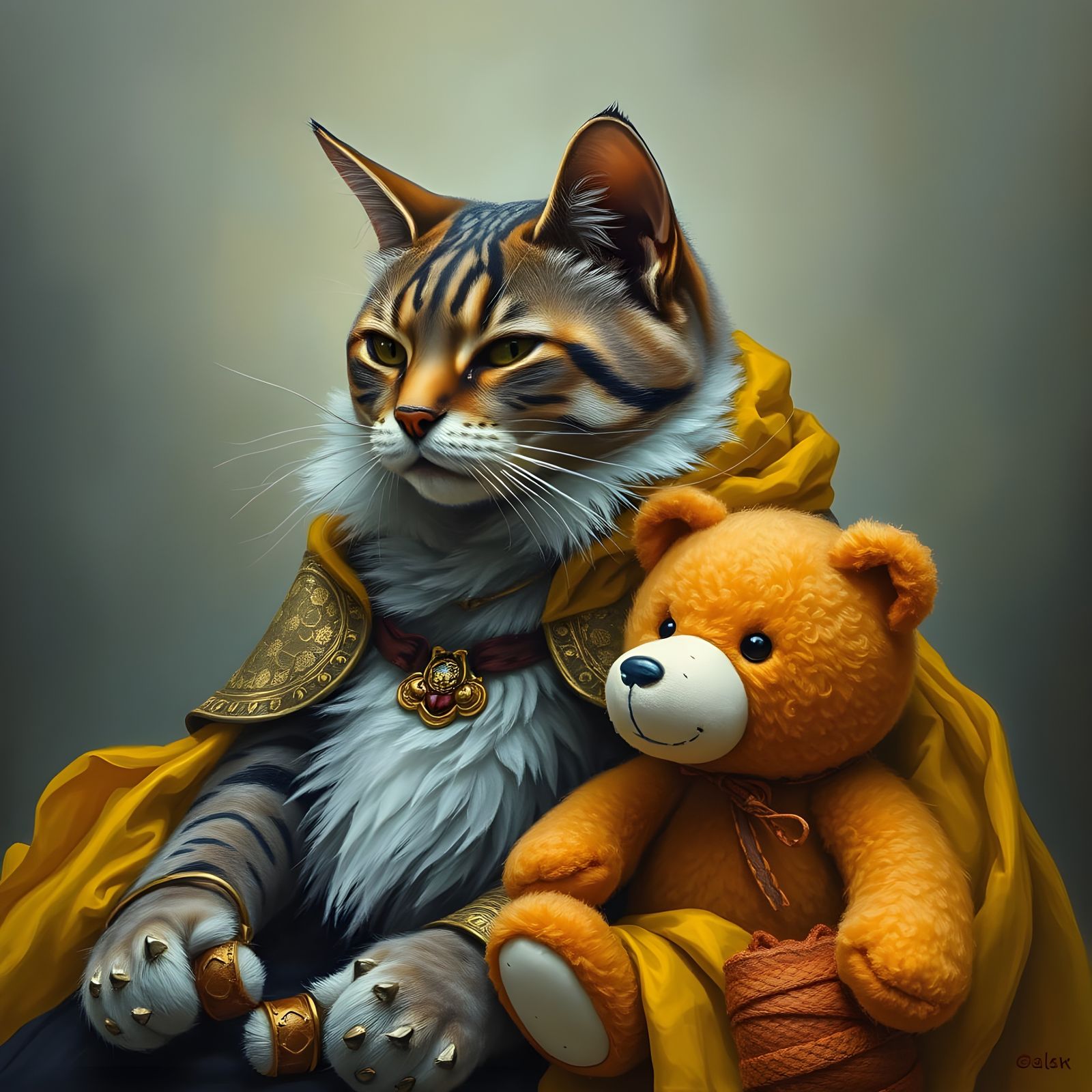 Cat and Teddy Bear in Goldfish Armor Painting