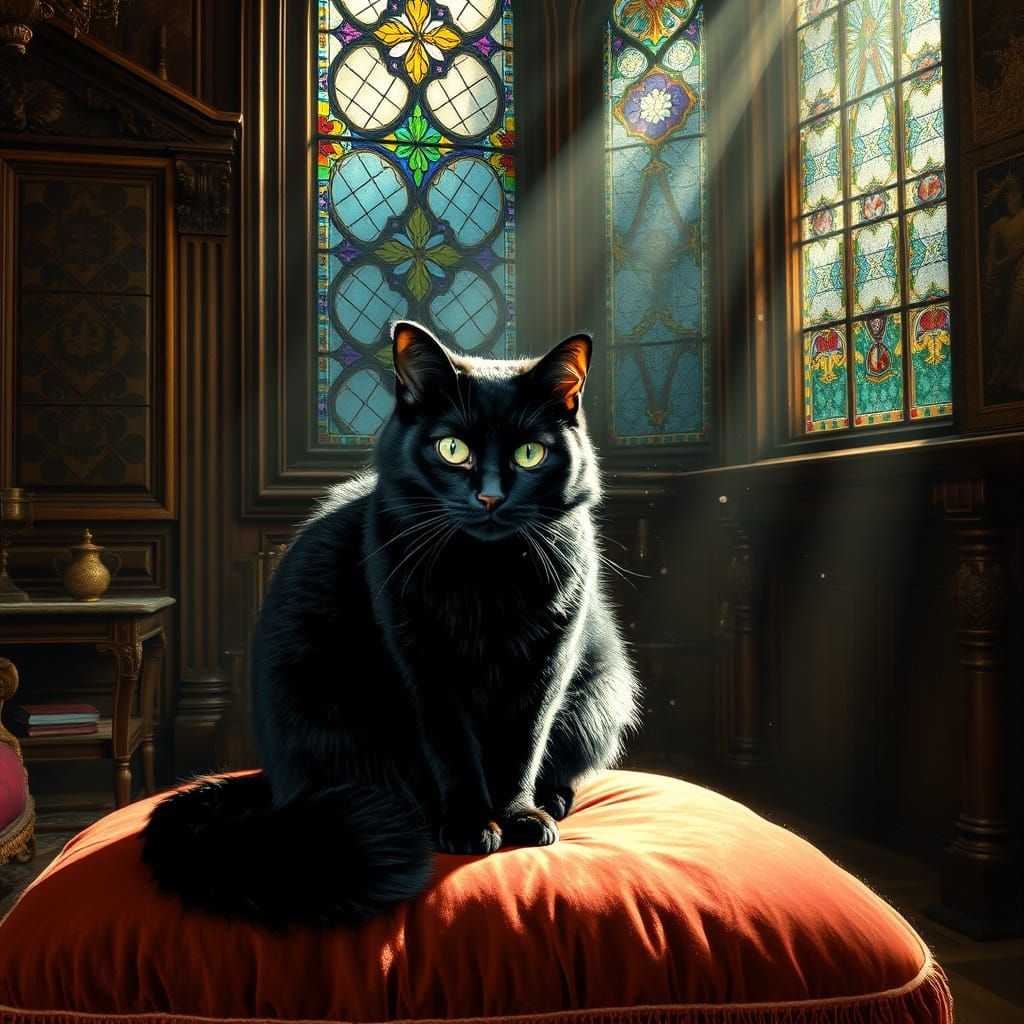 Majestic Black Cat in Medieval Chamber