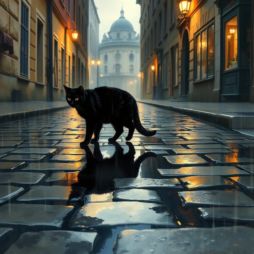 Whimsical Black Cat in a Rainy Street Scene, in a Surreal Wa...