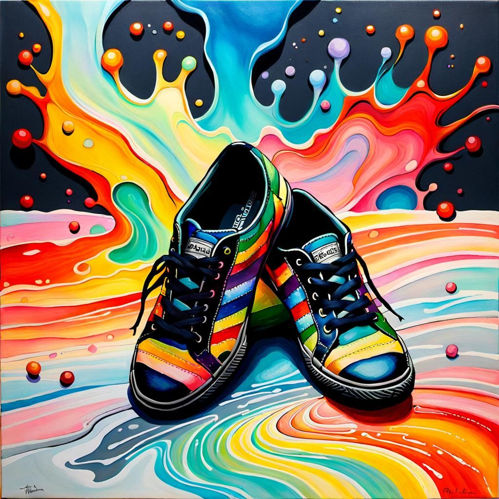 Whimsical Shoes in Acrylic Paint Pouring Style