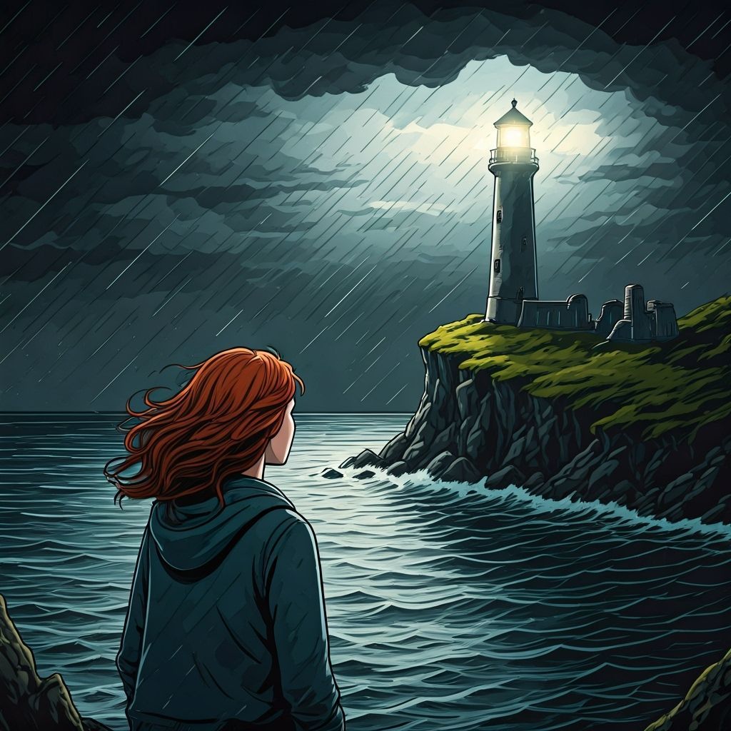 Red Haired Girl Watches Lighthouse Beam Cut Through Stormy S...