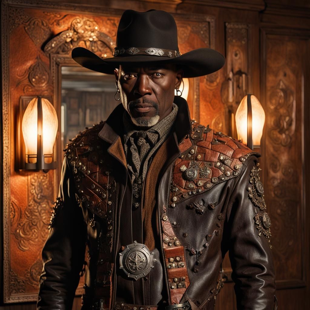 Hellraiser Cowboy in Western Saloon with Fiery Reflection