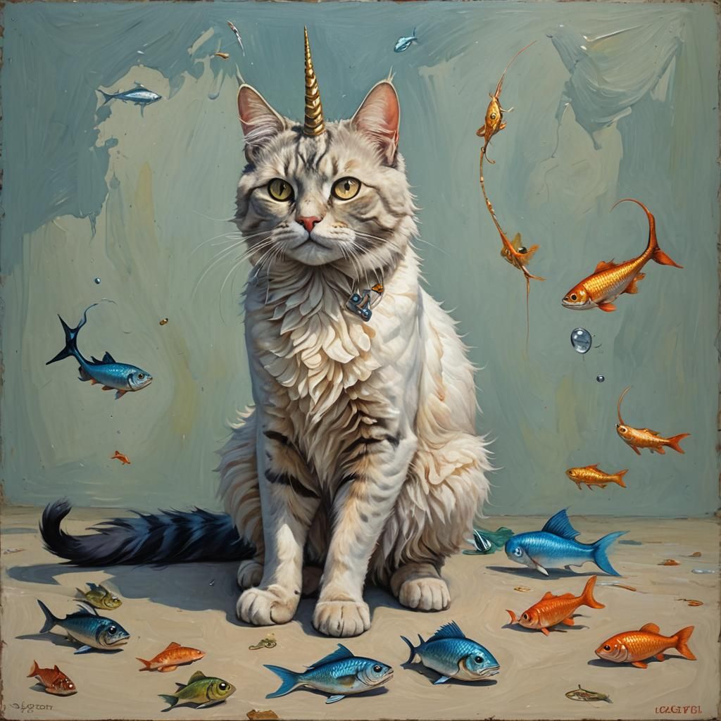Surreal Unicorn Cat Fish Tail Oil Painting