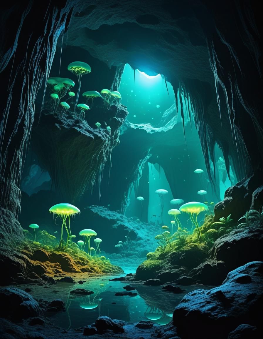 Luminescent Cave Ecosystem on Alien World