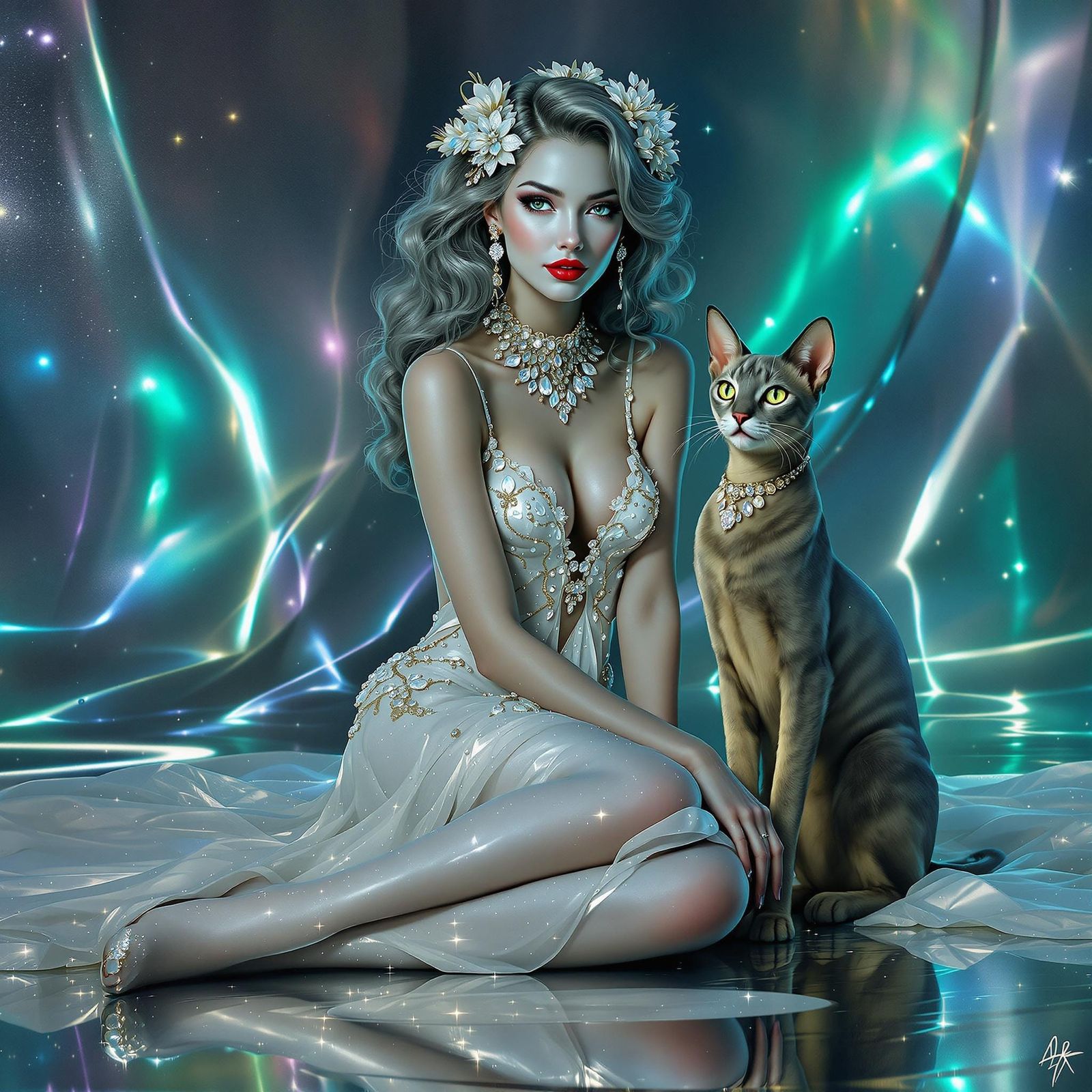Futuristic Goddess Portrait in Metallic Hues with Rhinestone...