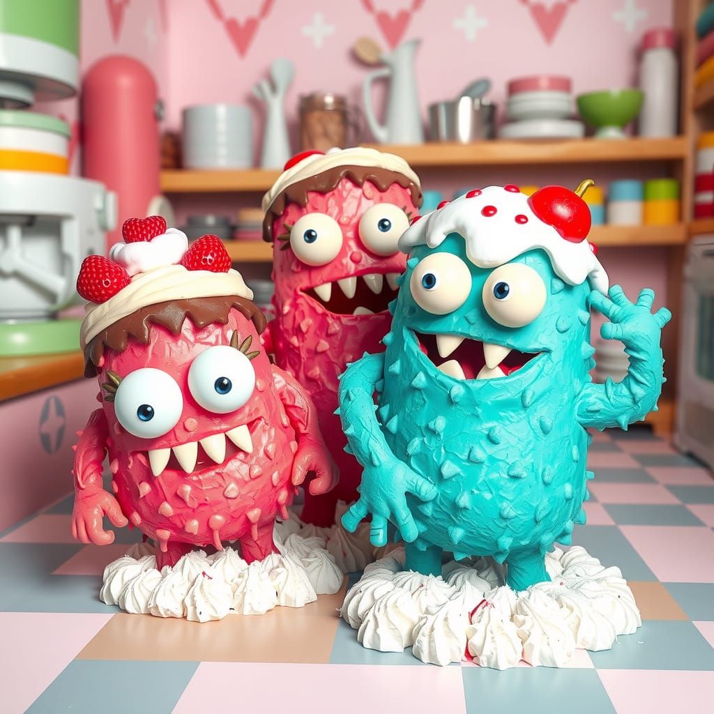 Cake Crusaders: Whimsical Bakery Scene with Goofy Cake Monst...