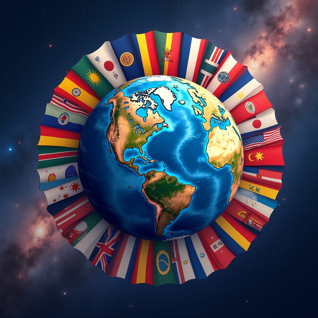 Earth Flag Surrounded by National Flags in Cosmic Scene