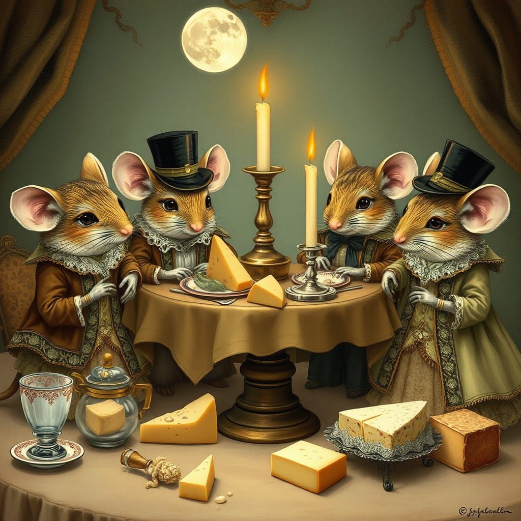Mice dressed in whimsical outfits, ready for a grand cheese feast or a secret nighttime adventure.