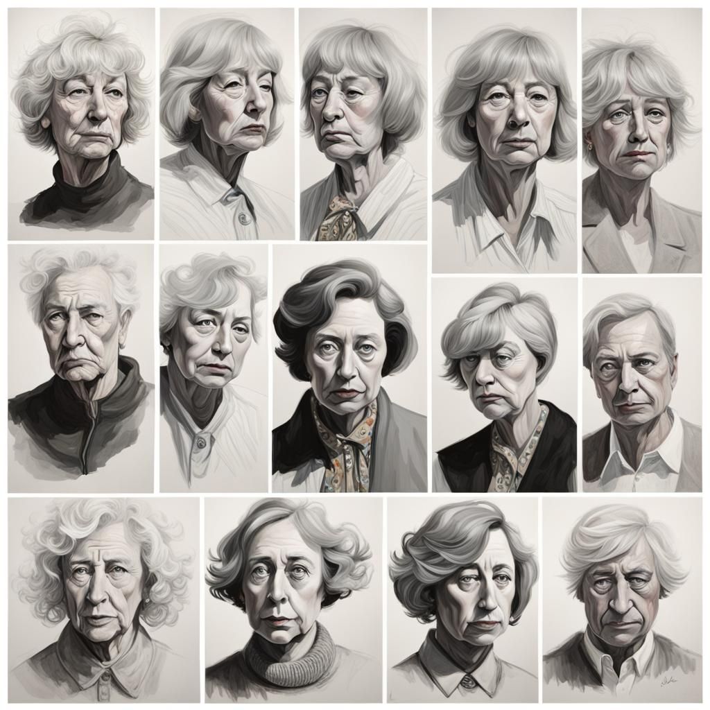 a set of portraits illustrating the subject's emotional journey through a range of personas.