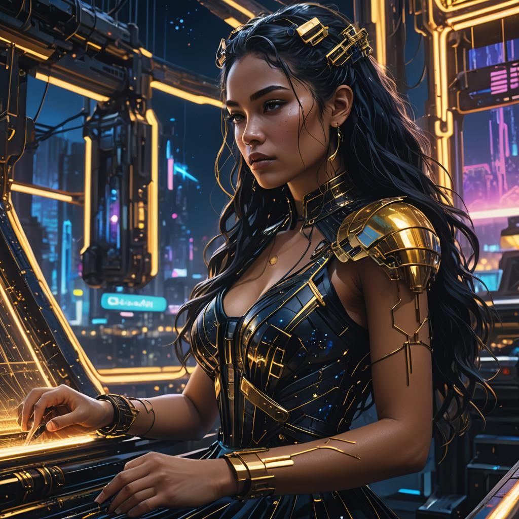 Goddess Weaving Fate in Cyberpunk Cityscape