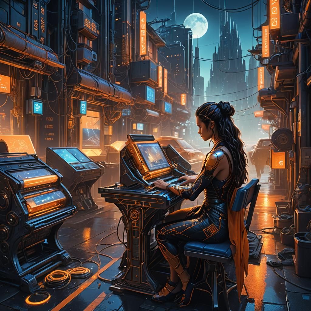 Goddess Weaving Loom in Cyberpunk Cityscape