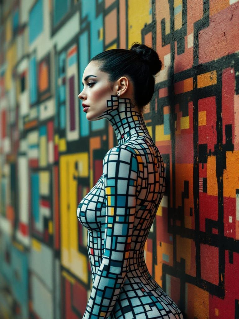 Woman Merges with Geometric Wall Art in Surreal Portrait