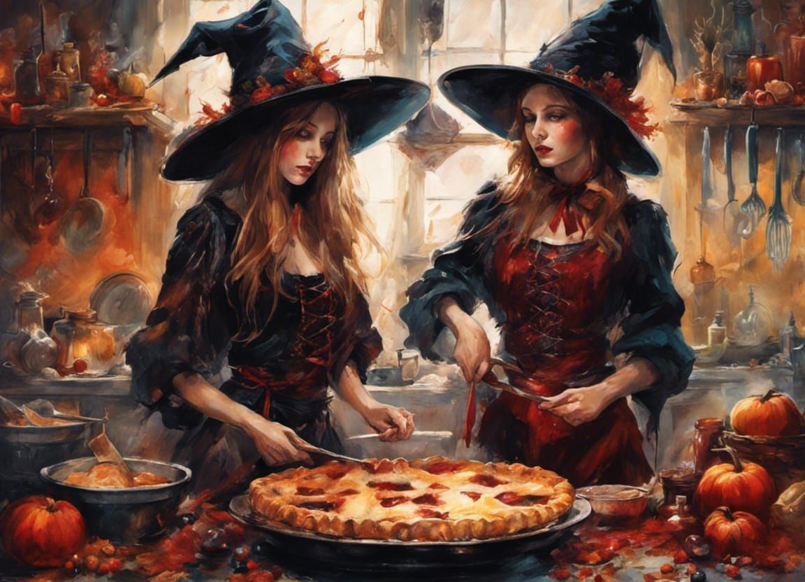 Witches Baking Pies in Haunted Kitchen, Whimsical Art