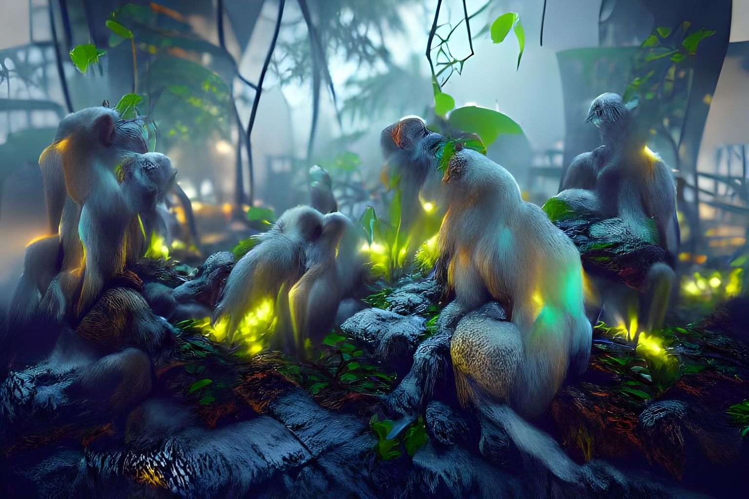Misty Rainforest Monkeys in Matte Painting Style