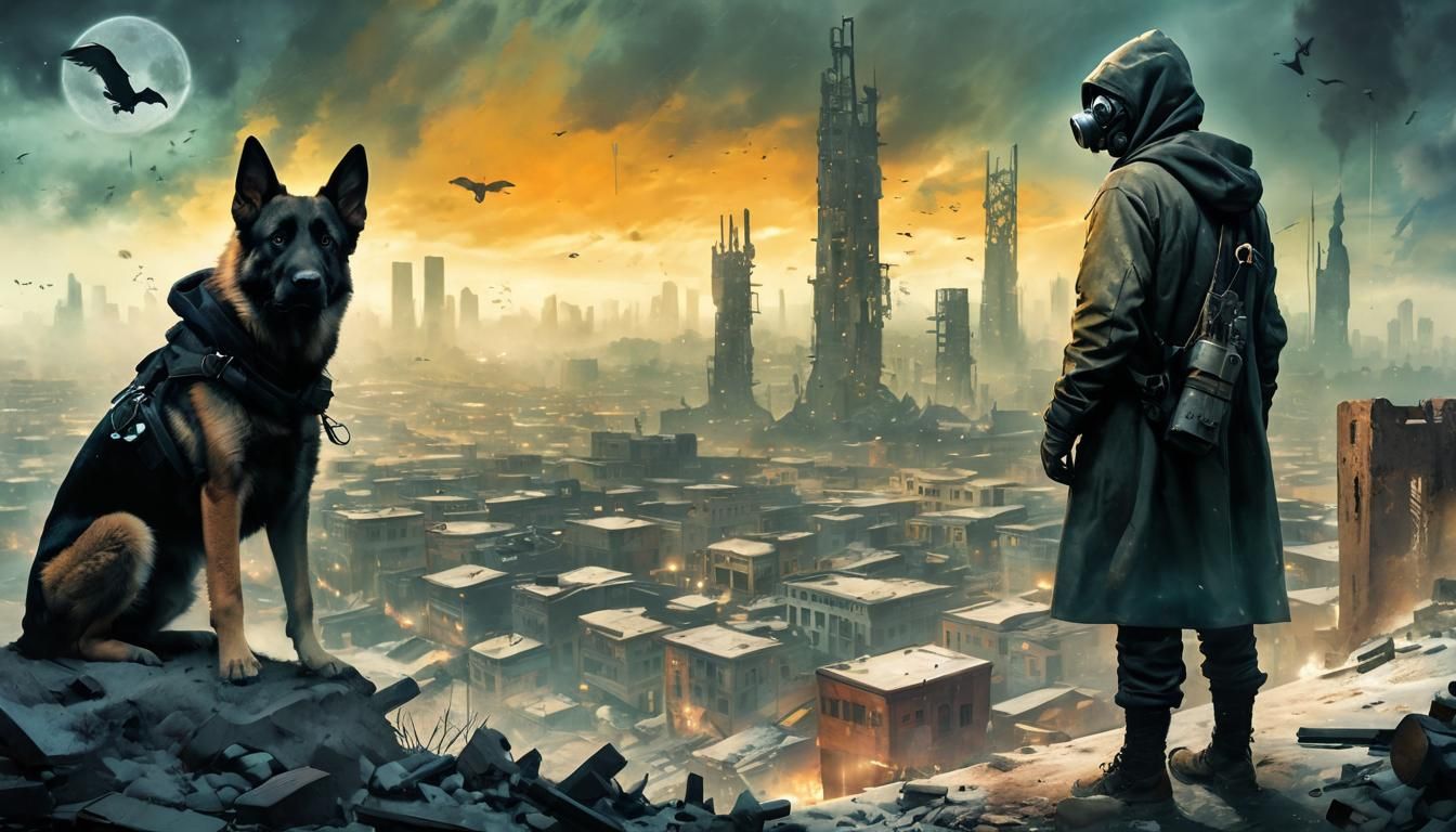Wasteland Survivor and Dog in Dystopian City