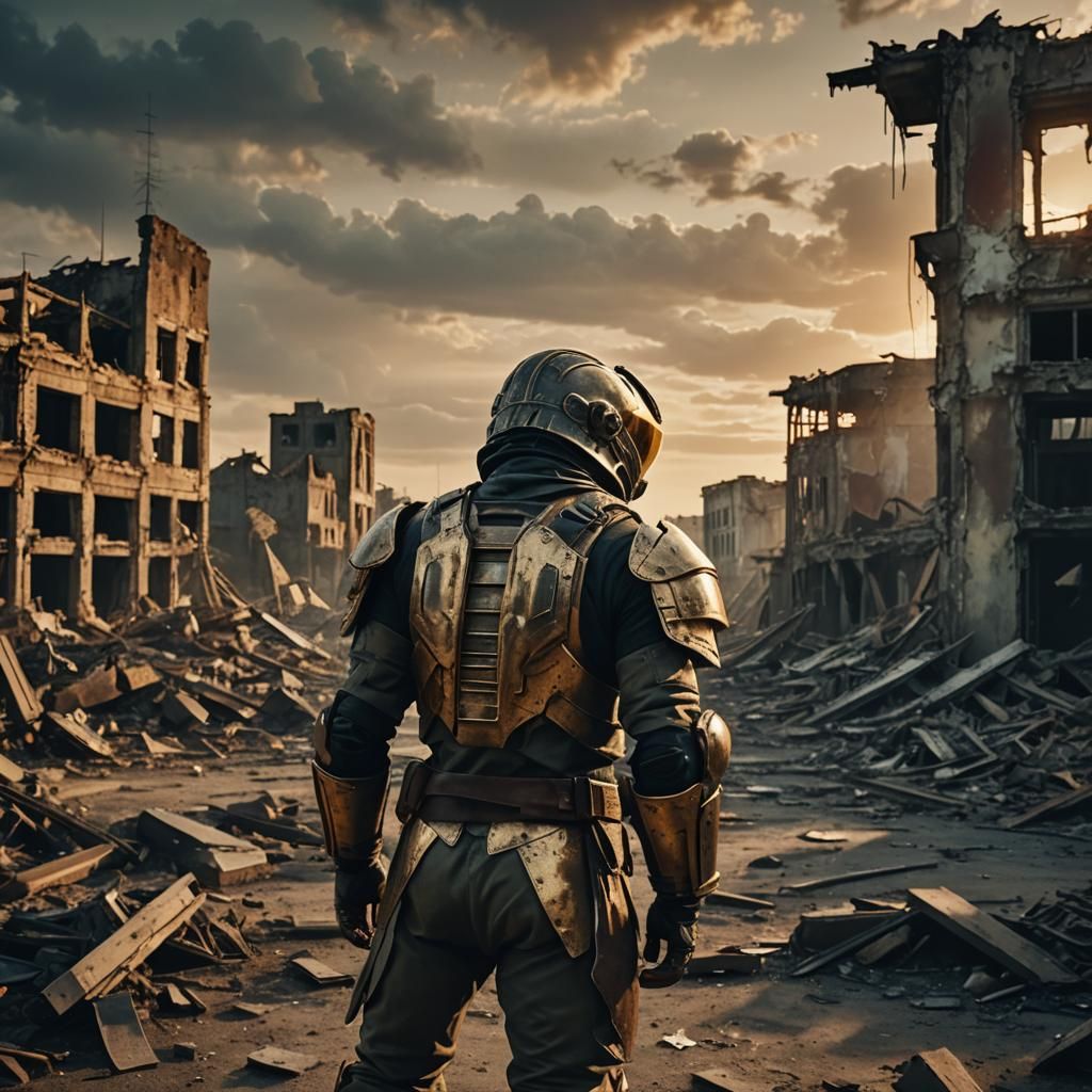 Epic 8k Film Still: Ruined Cityscape at Dusk