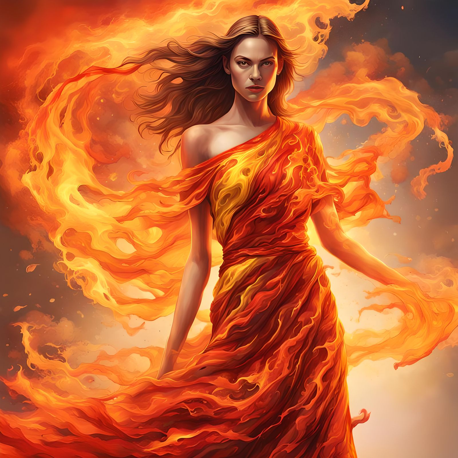 Woman in Fiery Dress: Hyperrealistic Digital Art