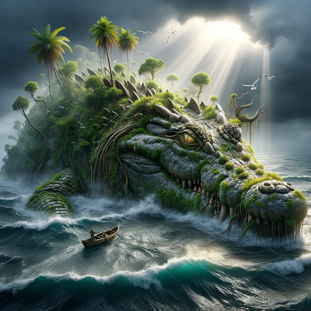 Gigantic Ancient Crocodile Island Emerges from Misty Ocean