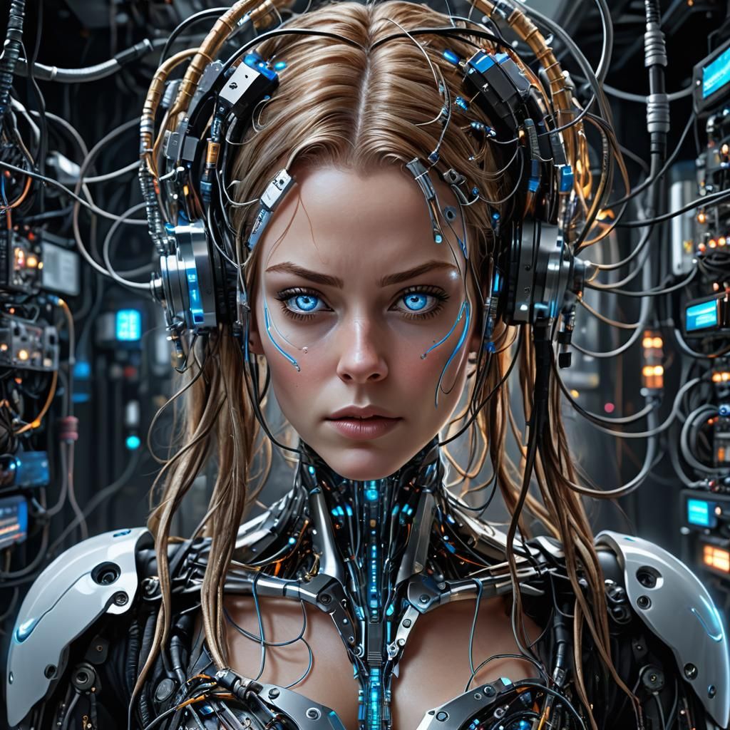 Cyborg Bartender Overloaded with Data in Cyberpunk Style