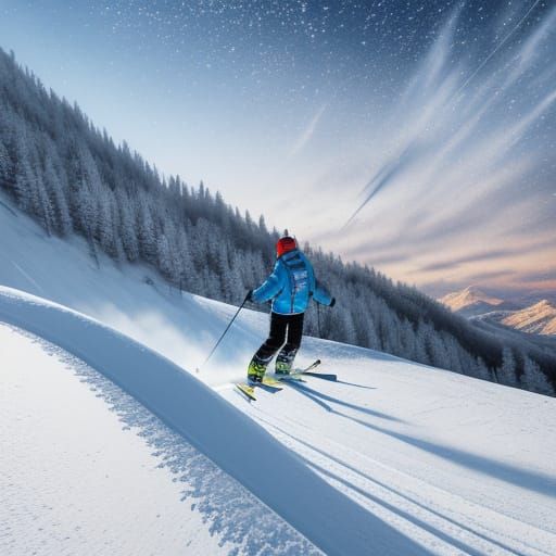 Surrealist Skier Descends Snowy Hill in Oil Painting