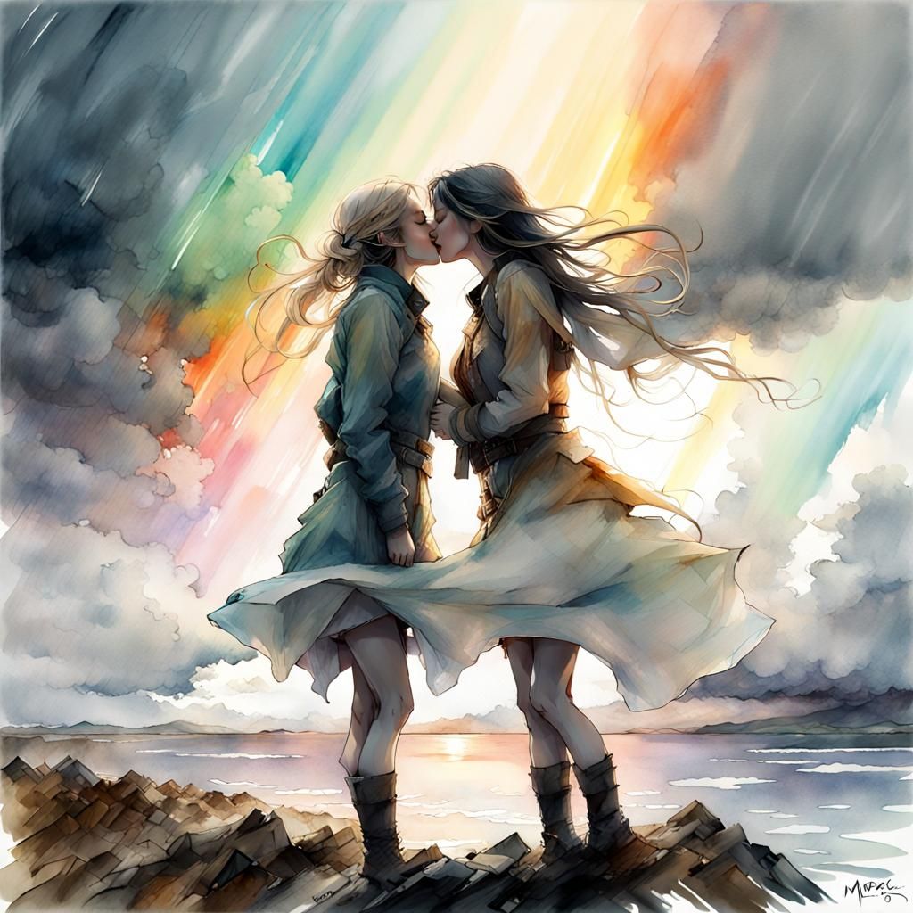 Passionate Lesbian Kiss in Stormy Fantasy Landscape