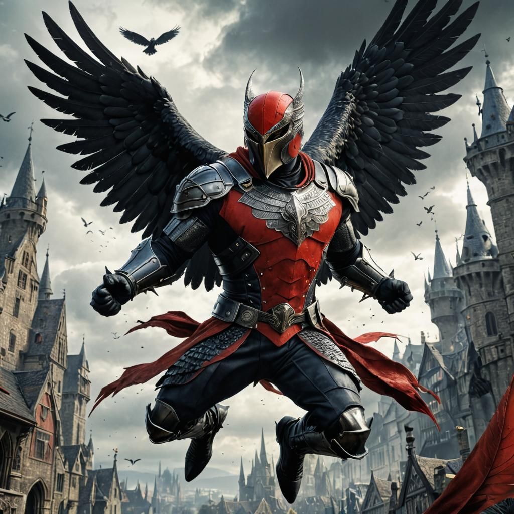 Medieval Armored Birdman in Cityscape