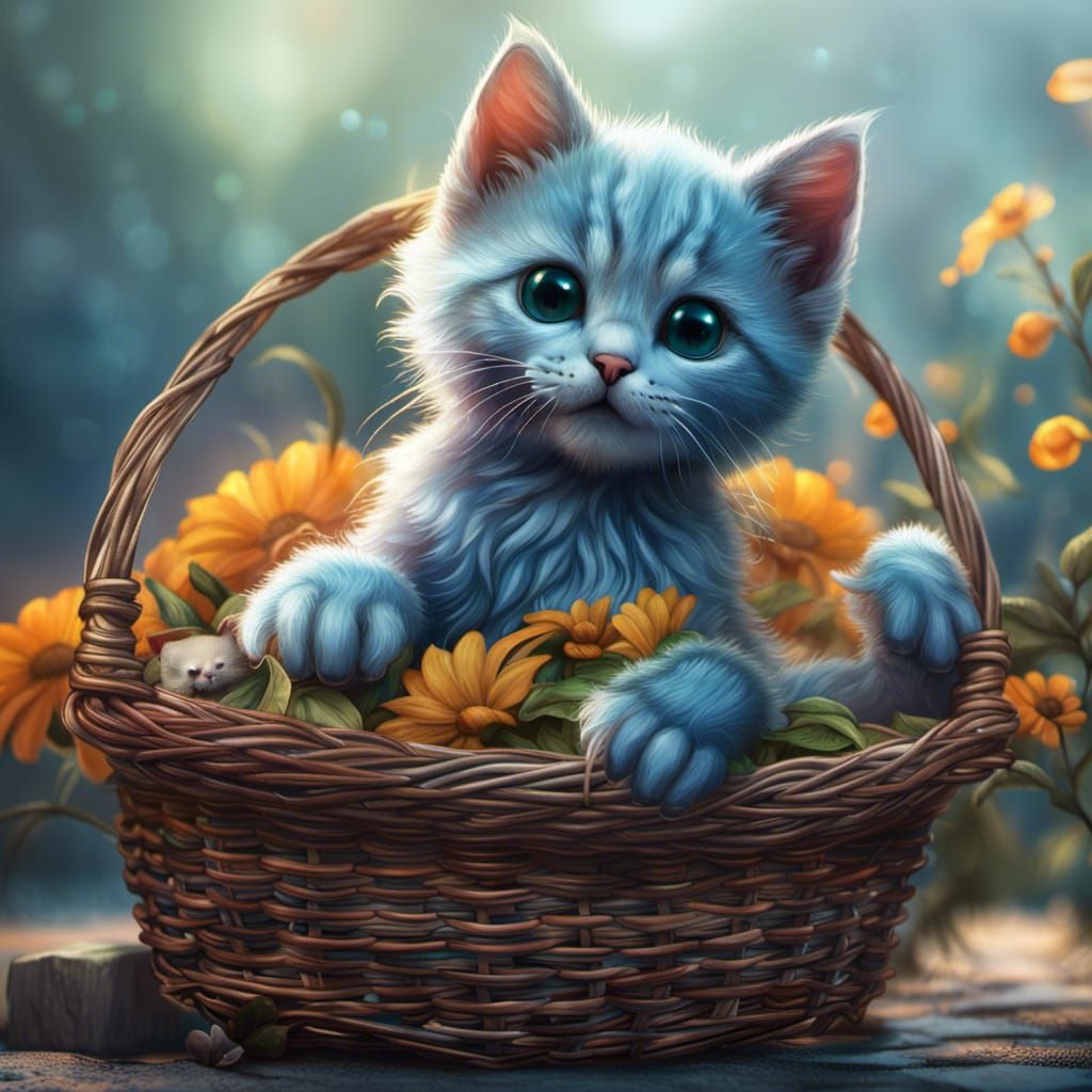 Cute Blue Kitten in Basket: Detailed Digital Art