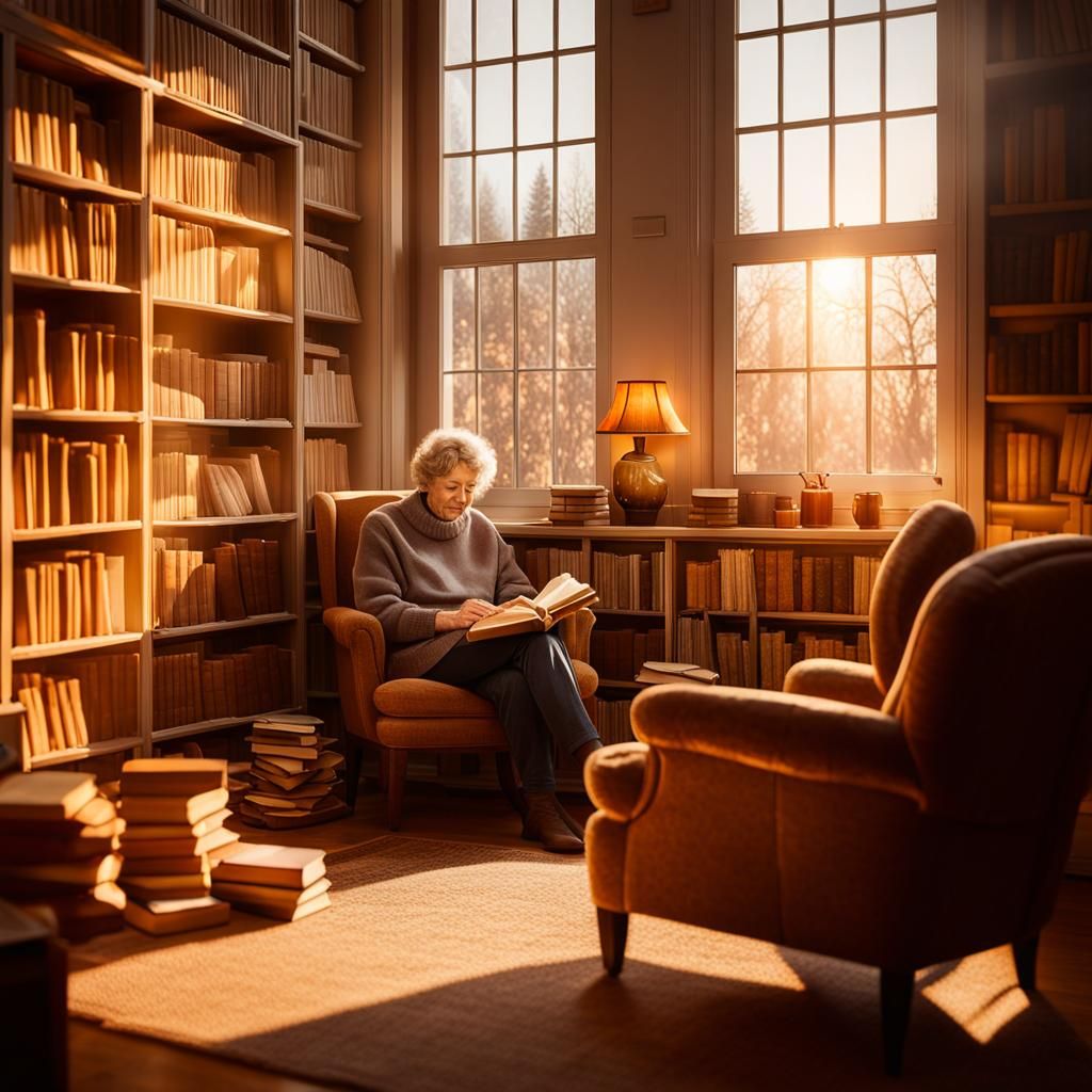 Cozy Winter Library Scene in Impressionistic Style