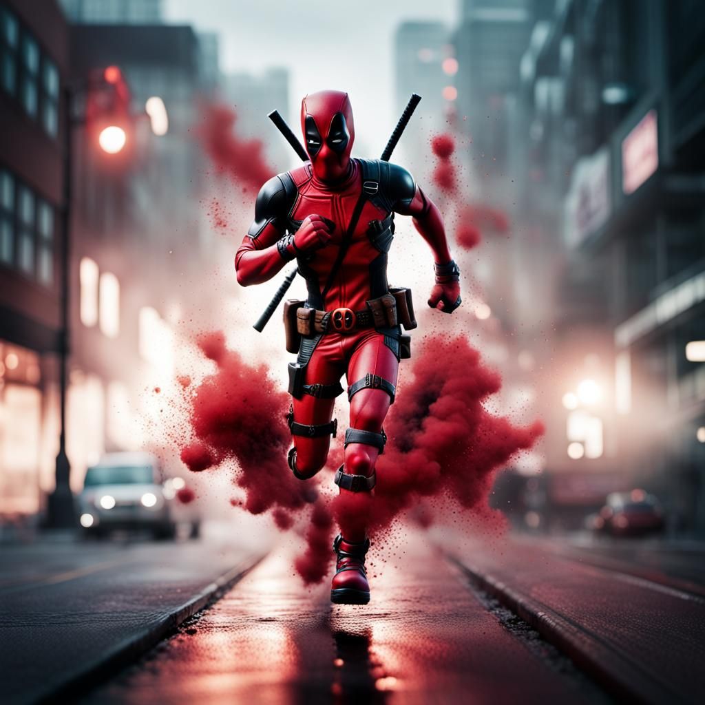 Replace person to Deadpool running down the street with miniature Deadpools running being full HD realistic double expos...