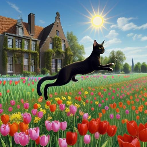 Max Ernst. A cat diving through a field of tulips in Holland with the sun shining, glistening on the flowers.