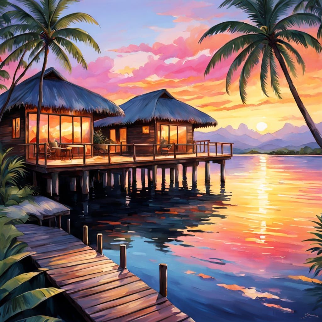 Vibrant Cocktail Scene at Sunset in Hawaii's Water Bungalow